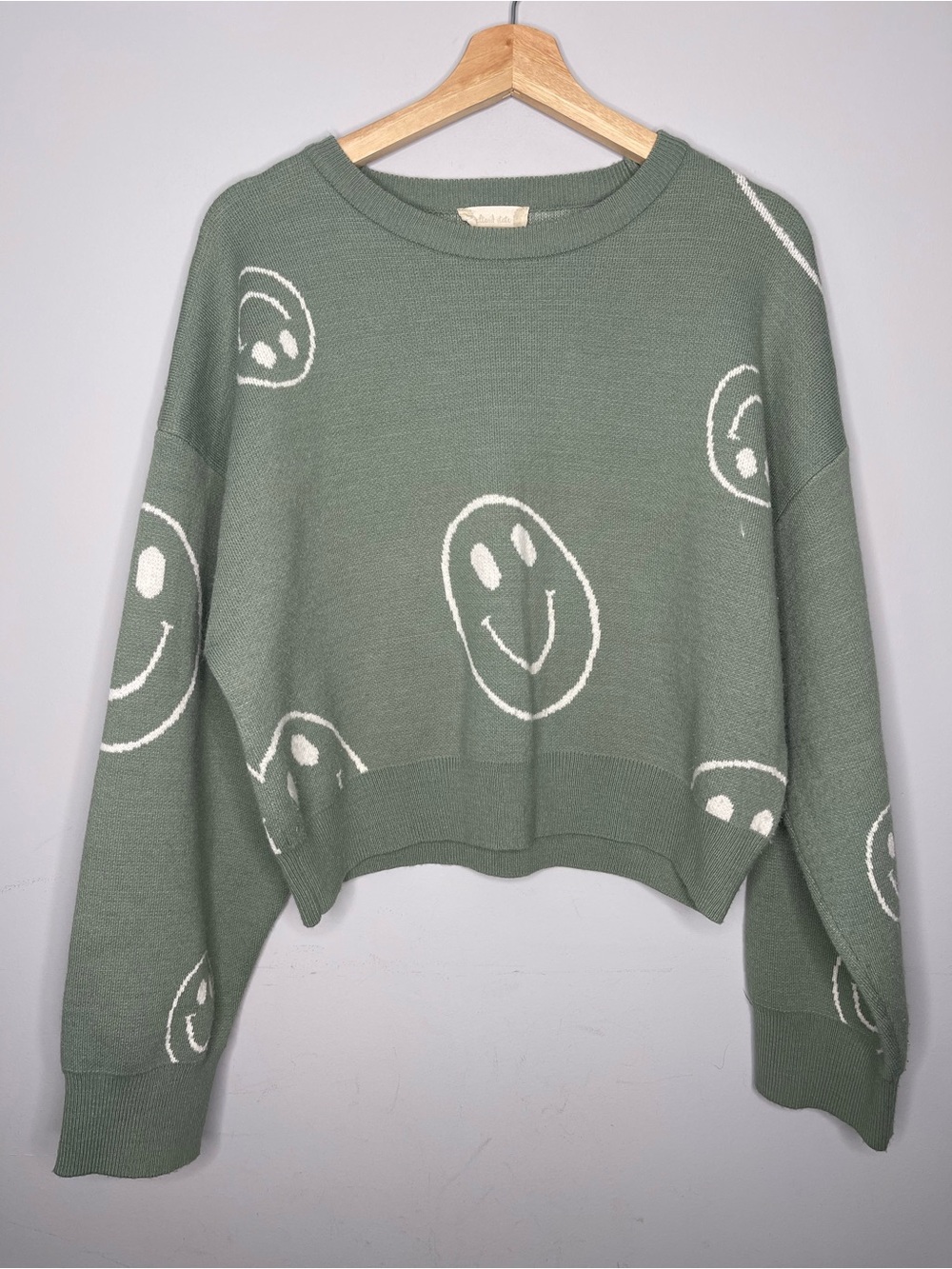 Altard State Smiley Face Cropped Knit Sweater Sage Green (Large)